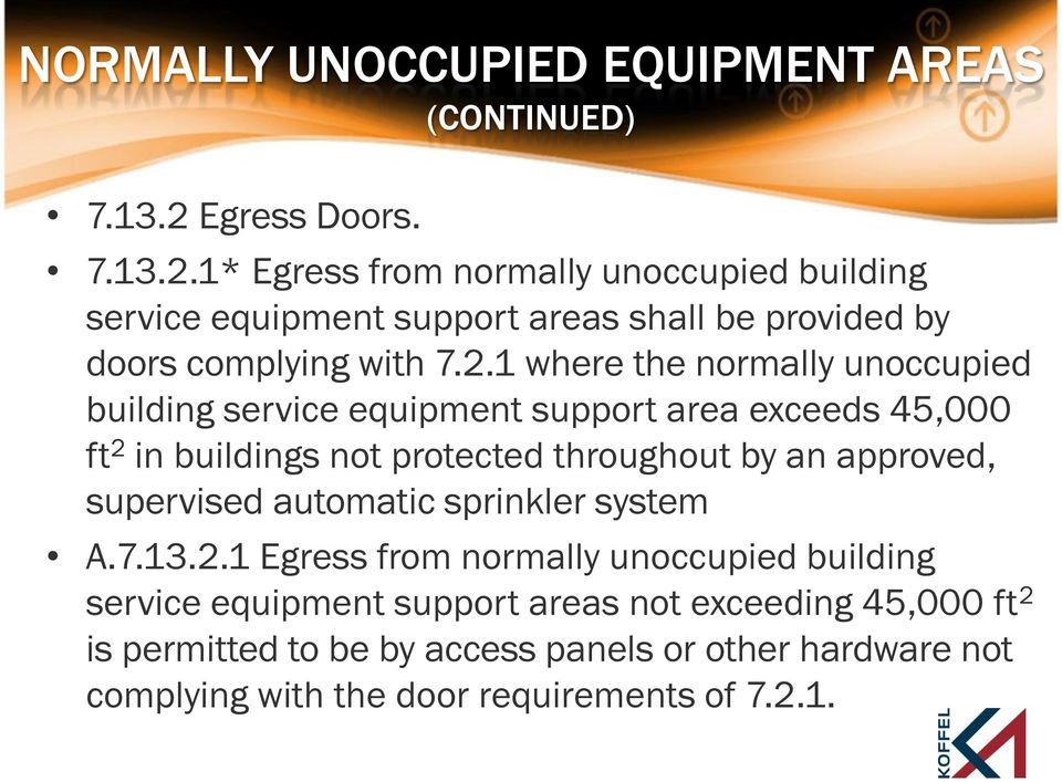 1* Egress from normally unoccupied building service equipment support areas shall be provided by doors complying with 7.2.