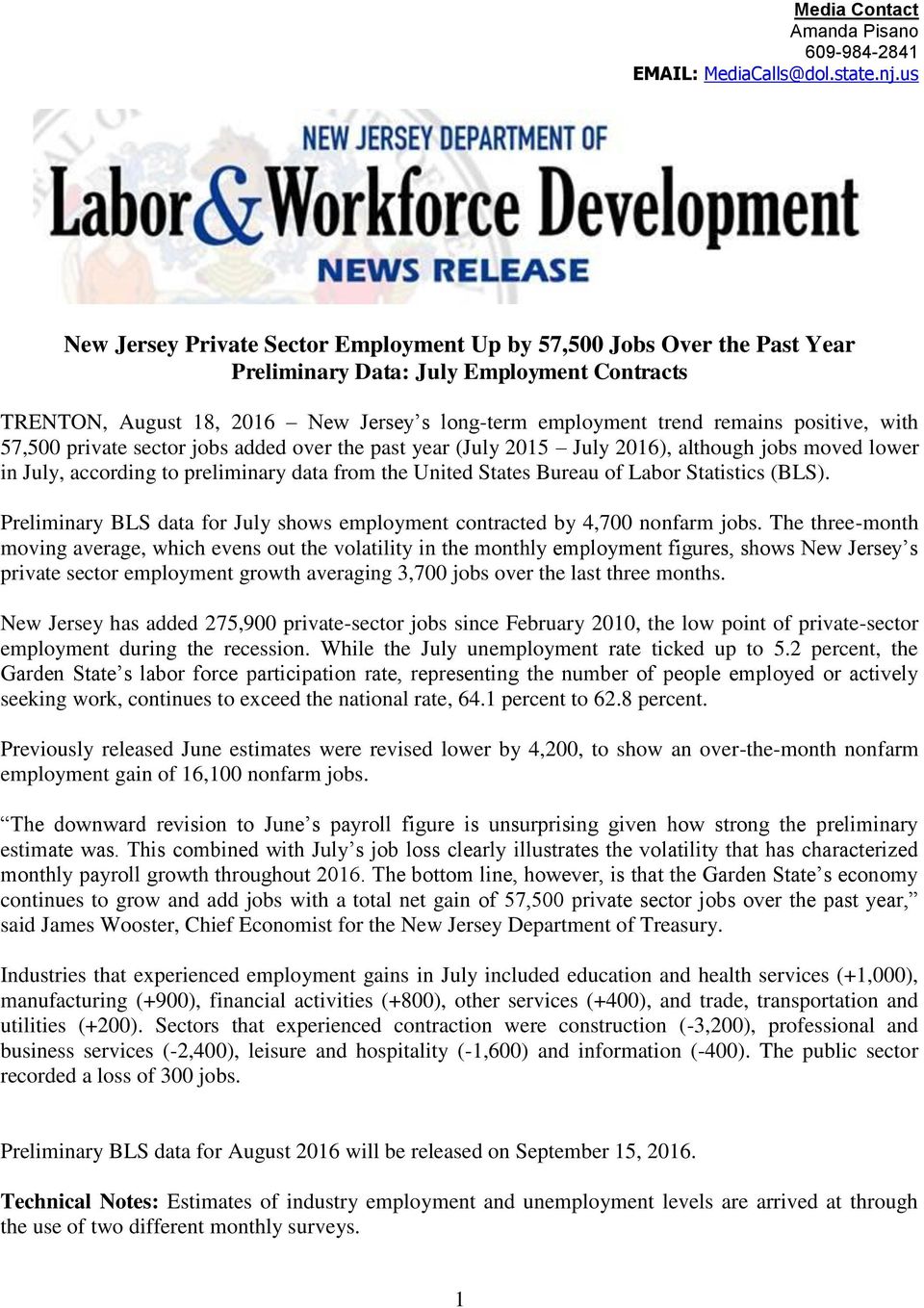 with 57,500 private sector jobs added over the past year (July July ), although jobs moved lower in July, according to preliminary data from the United States Bureau of Labor Statistics (BLS).