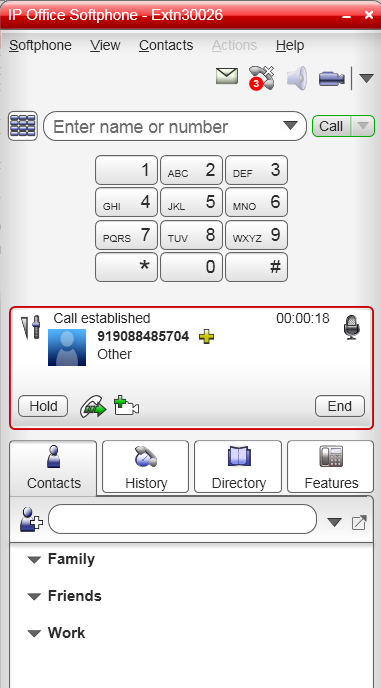 The following screen capture shows the IP Office Softphone interface on an outbound PSTN call.