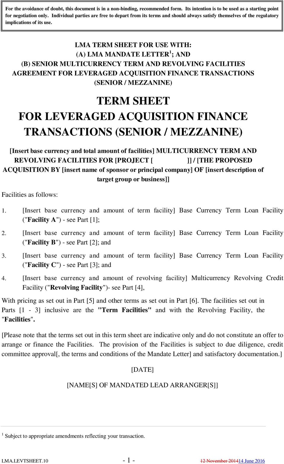 TERM SHEET FOR LEVERAGED ACQUISITION FINANCE TRANSACTIONS (SENIOR With revolving credit facility agreement template