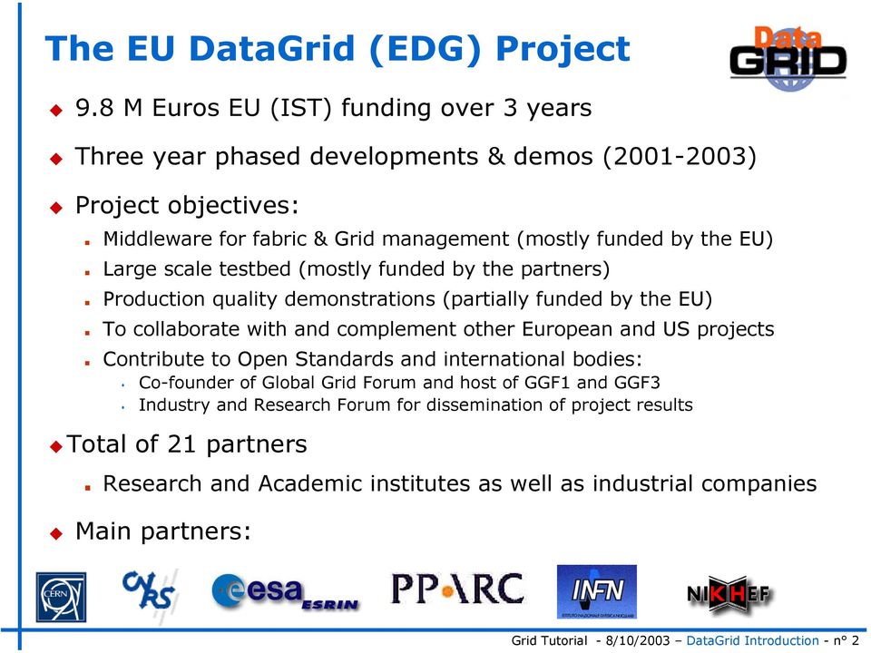 Large scale testbed (mostly funded by the partners) Production quality demonstrations (partially funded by the EU) To collaborate with and complement other European and US projects
