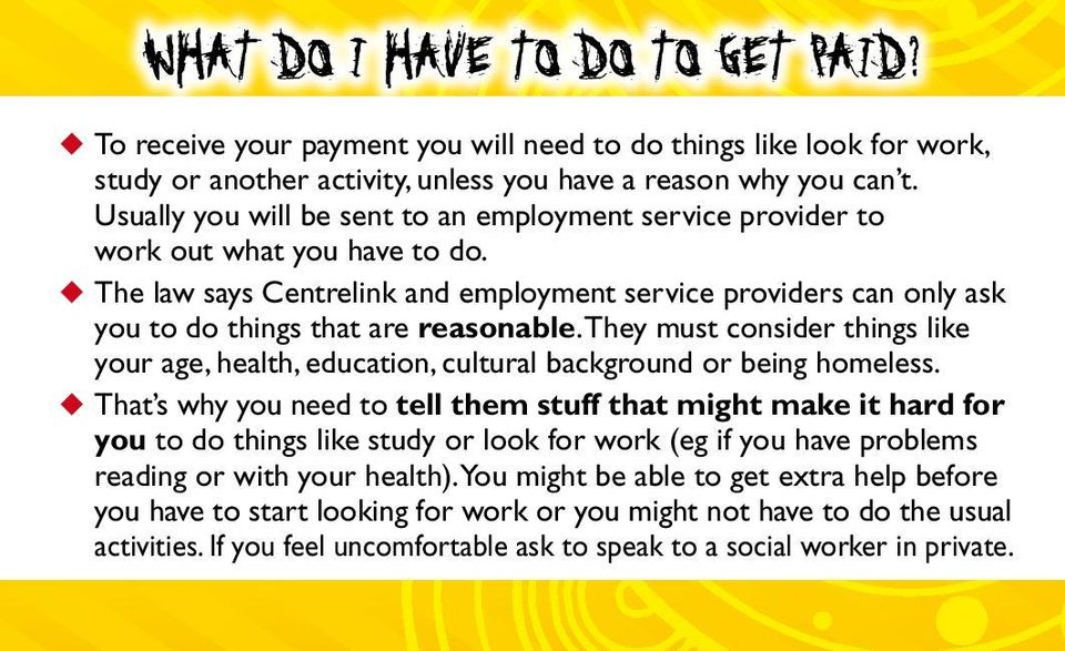 u The law says Centrelink and employment service providers can only ask you to do things that are reasonable.