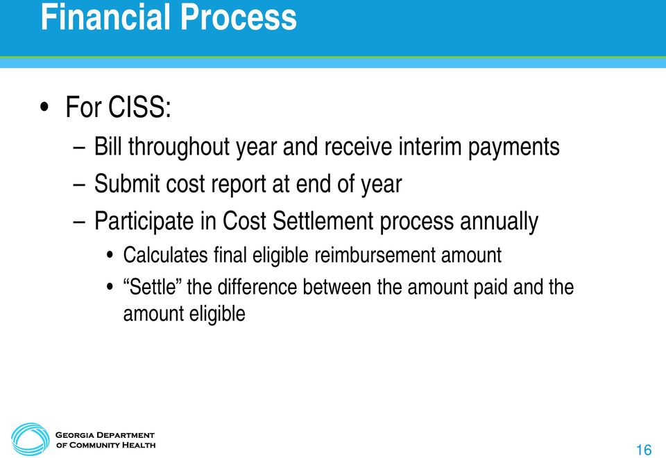 Settlement process annually Calculates final eligible reimbursement