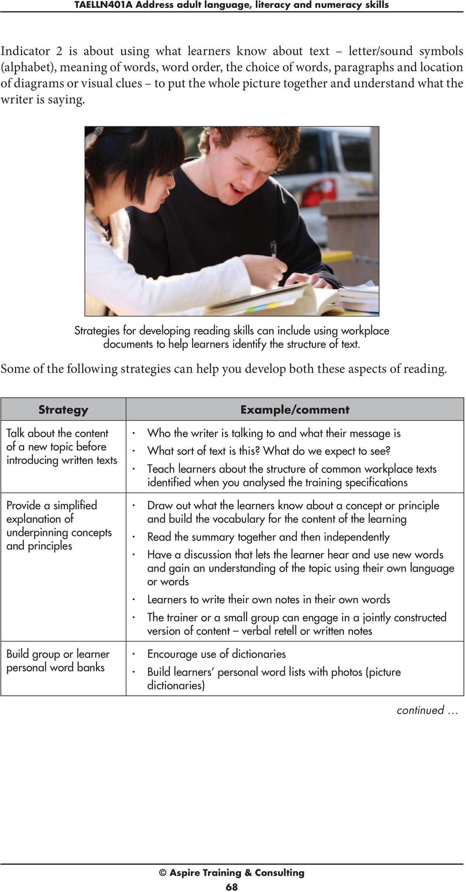 Strategies for developing reading skills can include using workplace documents to help learners identify the structure of text.
