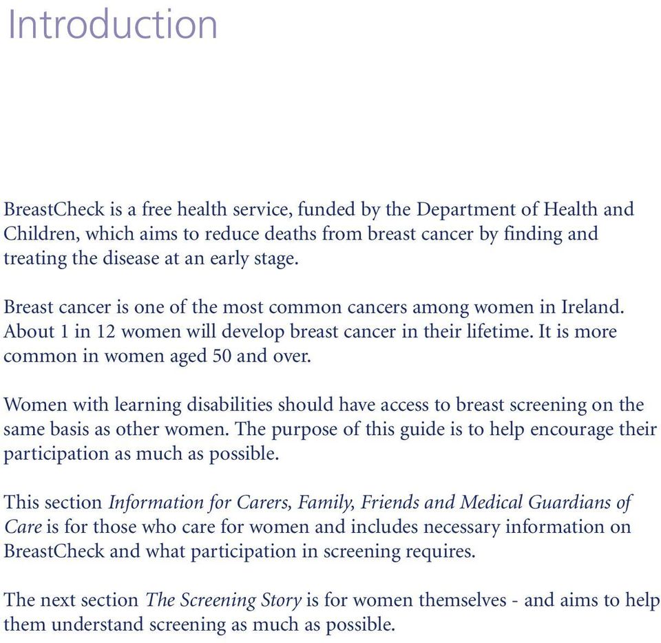 Women with learning disabilities should have access to breast screening on the same basis as other women. The purpose of this guide is to help encourage their participation as much as possible.