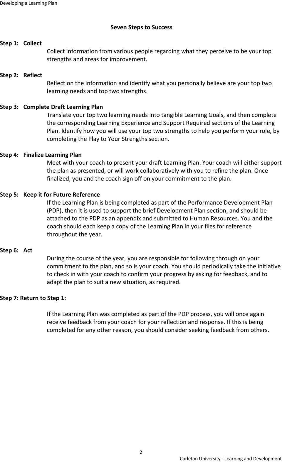 Step 3: Complete Draft Learning Plan Translate your top two learning needs into tangible Learning Goals, and then complete the corresponding Learning Experience and Support Required sections of the