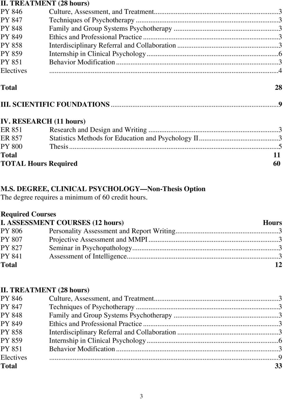 RESEARCH (11 hours) ER 851 Research and Design and Writing...3 ER 857 Statistics Methods for Education and Psychology II...3 PY 800 Thesis...5 Total 11 TOTAL Hours Required 60 M.S. DEGREE, CLINICAL PSYCHOLOGY Non-Thesis Option The degree requires a minimum of 60 credit hours.