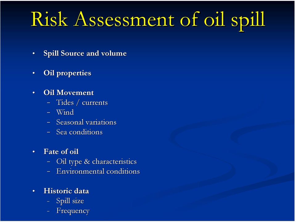 variations Sea conditions Fate of oil Oil type &