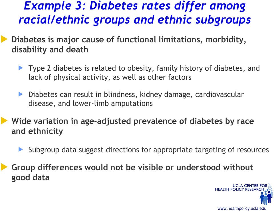 Diabetes can result in blindness, kidney damage, cardiovascular disease, and lower-limb amputations Wide variation in age-adjusted prevalence of