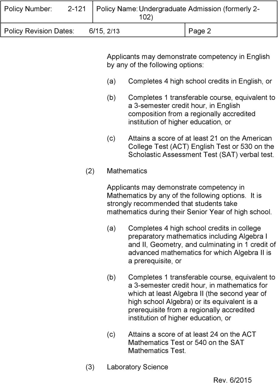 (ACT) English Test or 530 on the Scholastic Assessment Test (SAT) verbal test. (2) Mathematics Applicants may demonstrate competency in Mathematics by any of the following options.