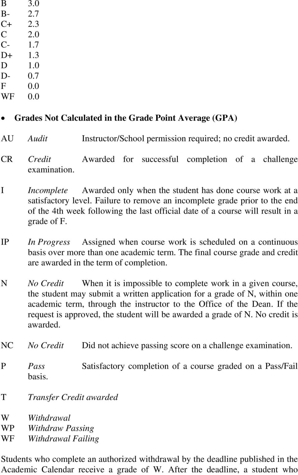 Failure to remove an incomplete grade prior to the end of the 4th week following the last official date of a course will result in a grade of F.