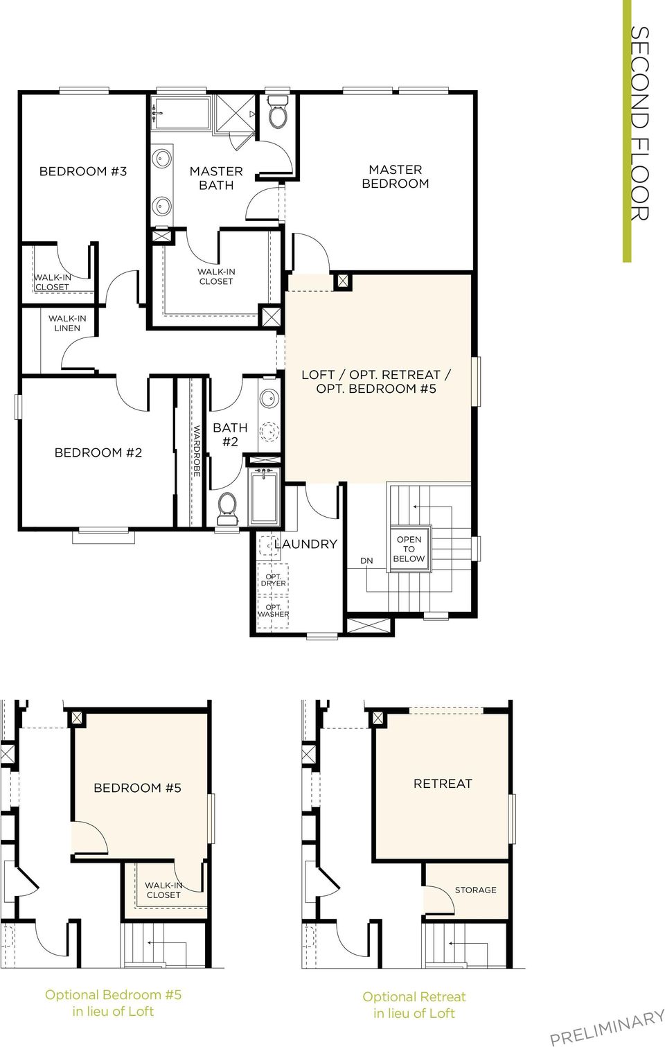 WASHER PLAN 3BR - 2ND FLOOR BEDROOM #5 RETREAT CLOSET STORAGE Optional Bedroom #5 in lieu of Loft