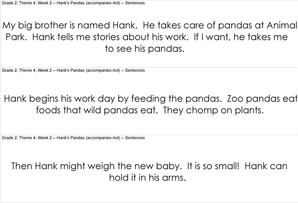 Grade 2, Theme 4, Week 2 -- Hank's Pandas (accompanies Ant) -- Sentences Hank begins his work day by feeding the pandas.