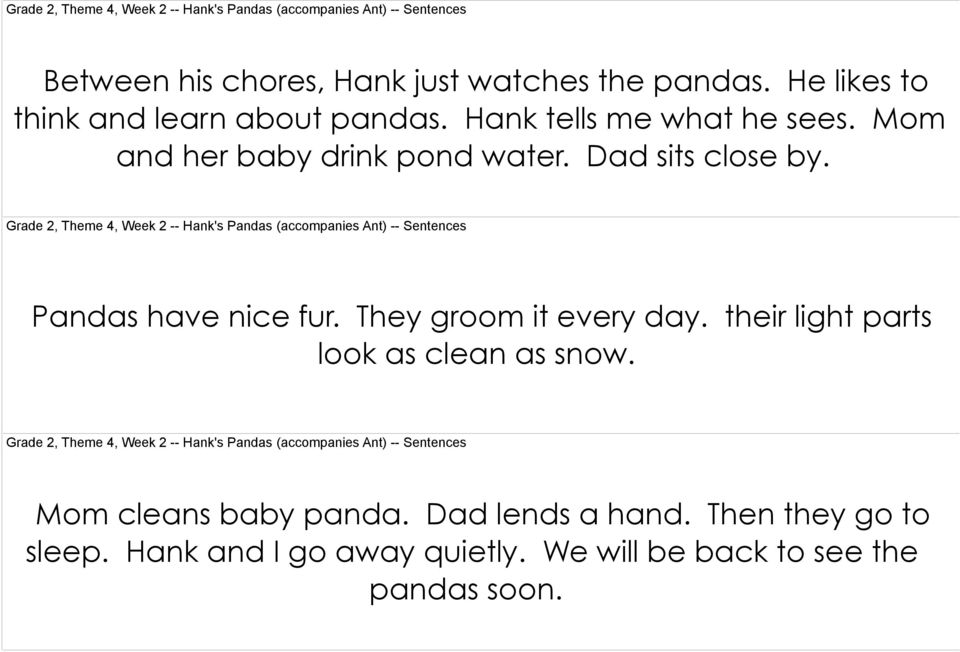Grade 2, Theme 4, Week 2 -- Hank's Pandas (accompanies Ant) -- Sentences Pandas have nice fur. They groom it every day.