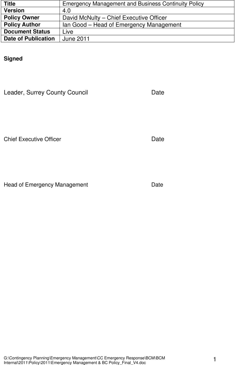 of Emergency Management Document Status Live Date of Publication June 2011 Signed