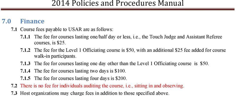 7.1.4 The fee for courses lasting two days is $100. 7.1.5 The fee for courses lasting four days is $200. 7.2 There is no fee for individuals auditing the course, i.e., sitting in and observing.