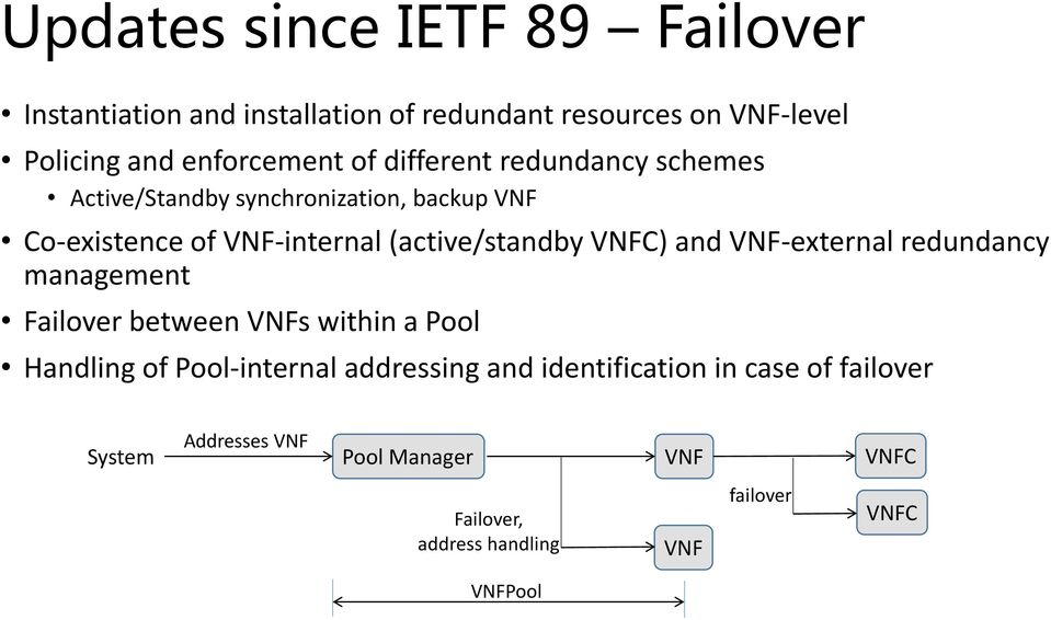 VNFC) and VNF-external redundancy management Failover between VNFs within a Pool Handling of Pool-internal addressing and