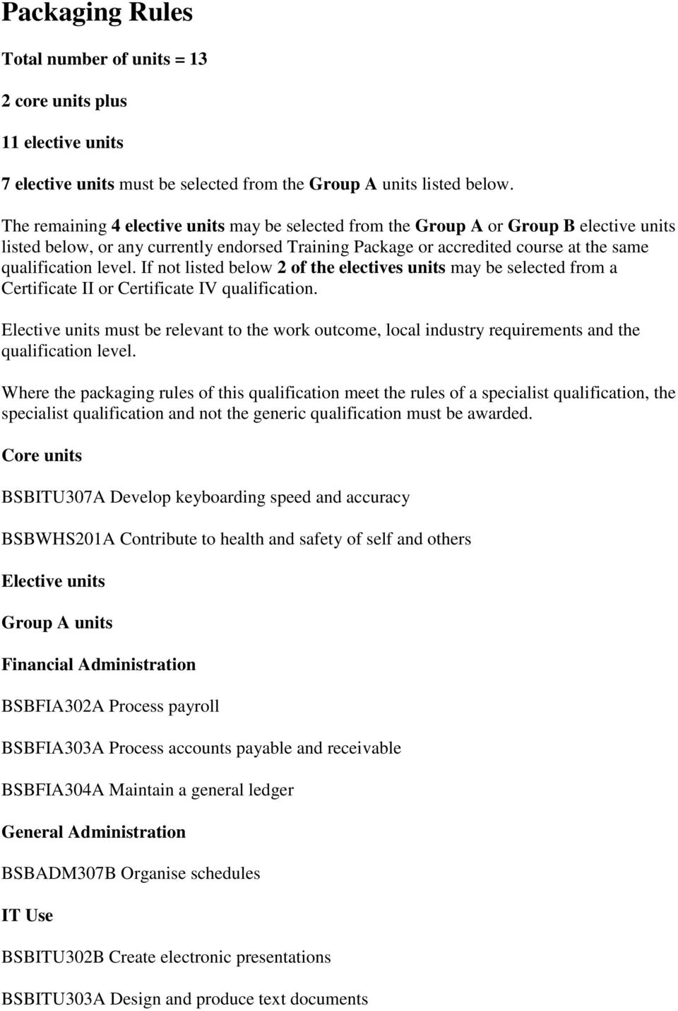 If not listed below 2 of the electives units may be selected from a Certificate II or Certificate IV qualification.