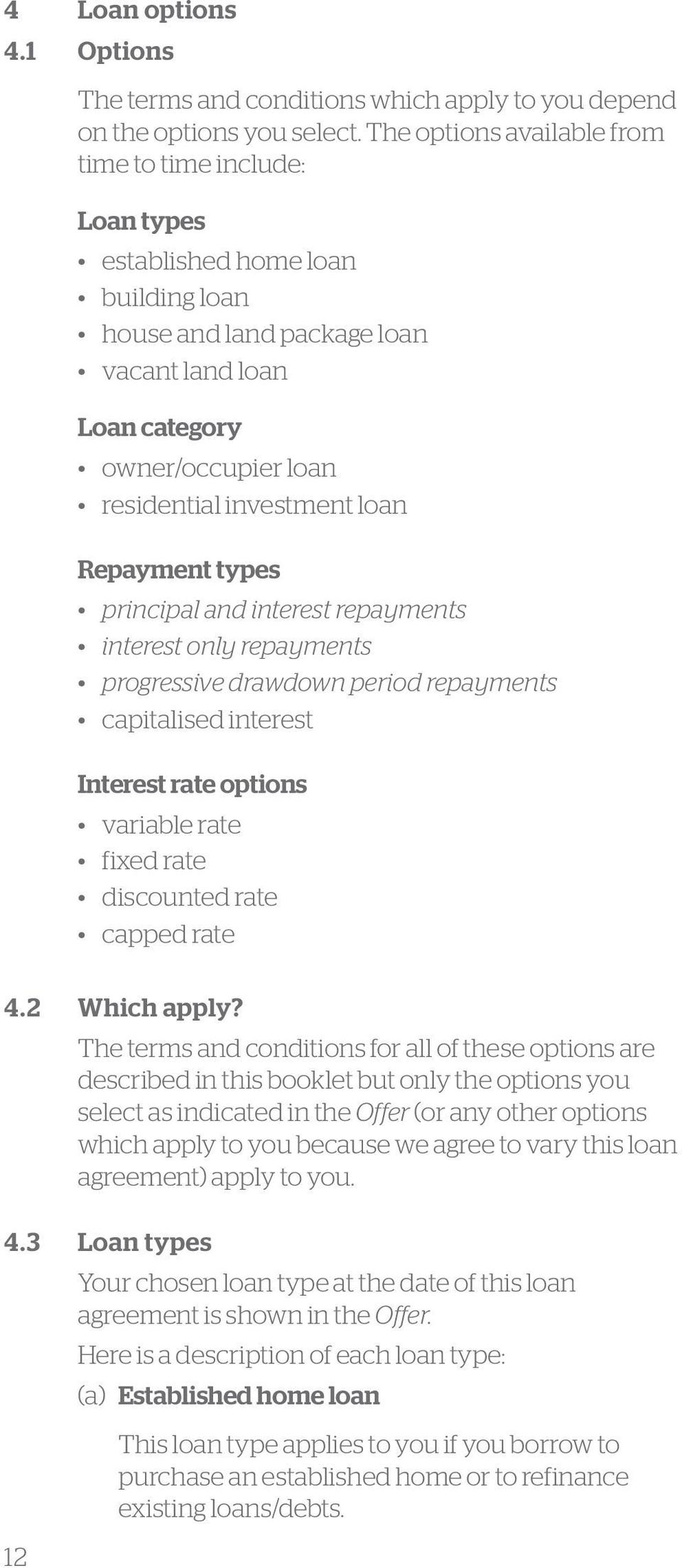 loan Repayment types principal and interest repayments interest only repayments progressive drawdown period repayments capitalised interest Interest rate options variable rate fixed rate discounted