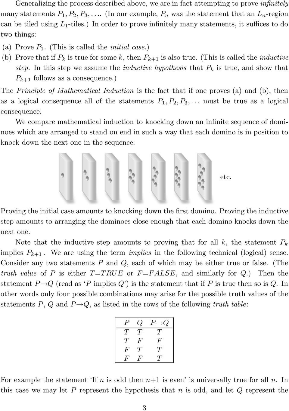 (This is called the inductive step In this step we assume the inductive hypothesis that P k is true, and show that P k+1 follows as a consequence) The Principle of Mathematical Induction is the fact