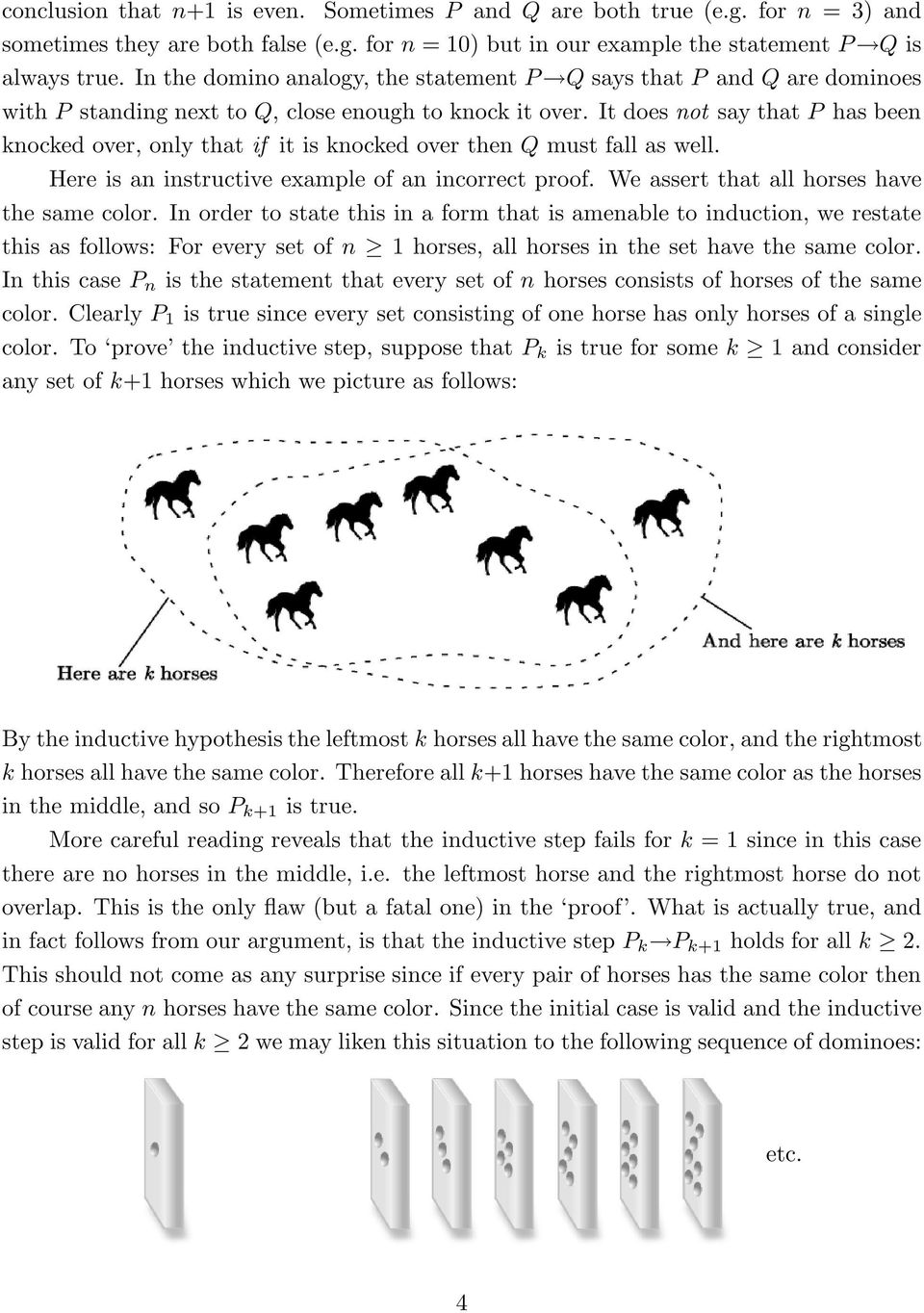 fall as well Here is an instructive example of an incorrect proof We assert that all horses have the same color In order to state this in a form that is amenable to induction, we restate this as