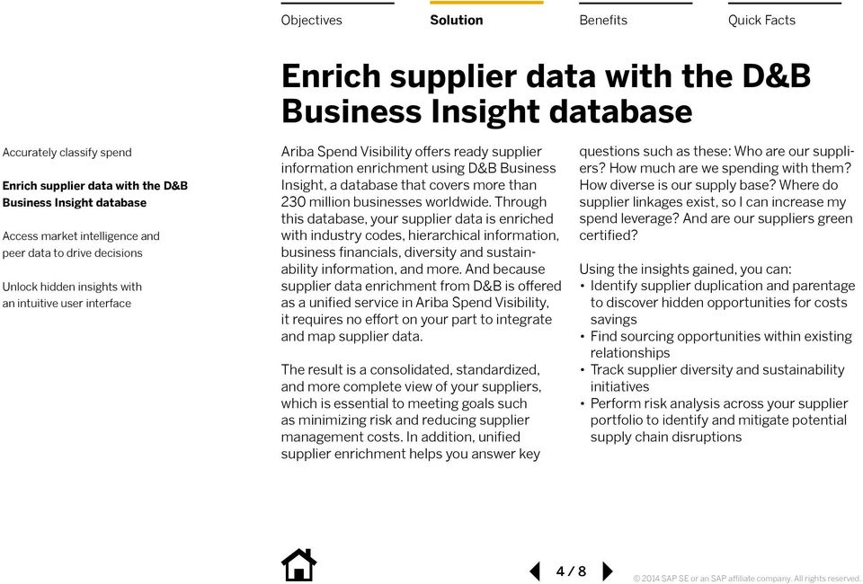 And because supplier data enrichment from D&B is offered as a unified service in Ariba Spend Visibility, it requires no effort on your part to integrate and map supplier data.