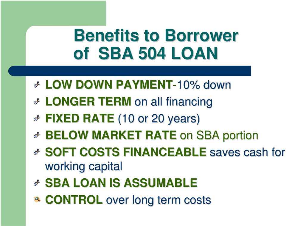MARKET RATE on SBA portion SOFT COSTS FINANCEABLE saves cash for