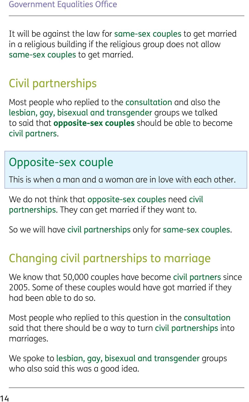 partners. Opposite-sex couple This is when a man and a woman are in love with each other. We do not think that opposite-sex couples need civil partnerships. They can get married if they want to.