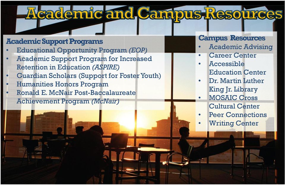 E. McNair Post-Baccalaureate Achievement Program (McNair) Campus Resources Academic Advising Career Center