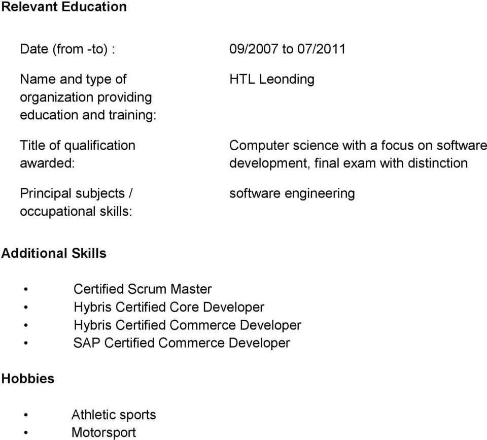 software development, final exam with distinction software engineering Additional Skills Certified Scrum Master Hybris