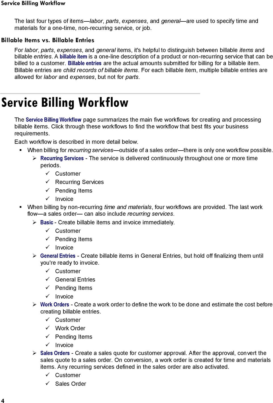 A billable item is a one-line description of a product or non-recurring service that can be billed to a customer. Billable entries are the actual amounts submitted for billing for a billable item.