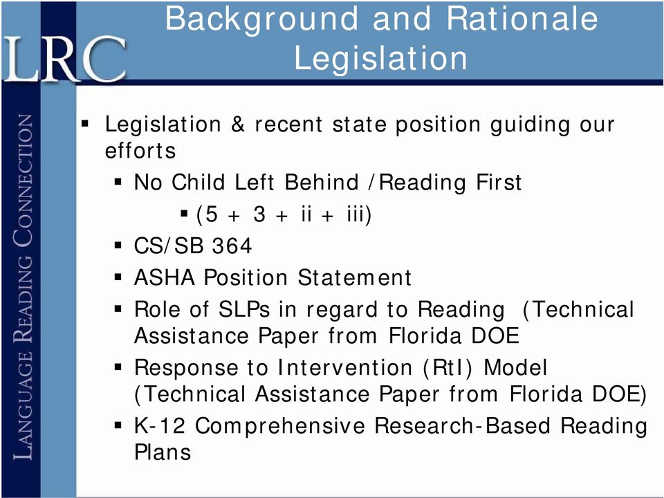 SLPs in regard to Reading (Technical Assistance Paper from Florida DOE Response to Intervention