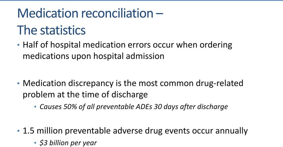 drug-related problem at the time of discharge Causes 50% of all preventable ADEs 30 days