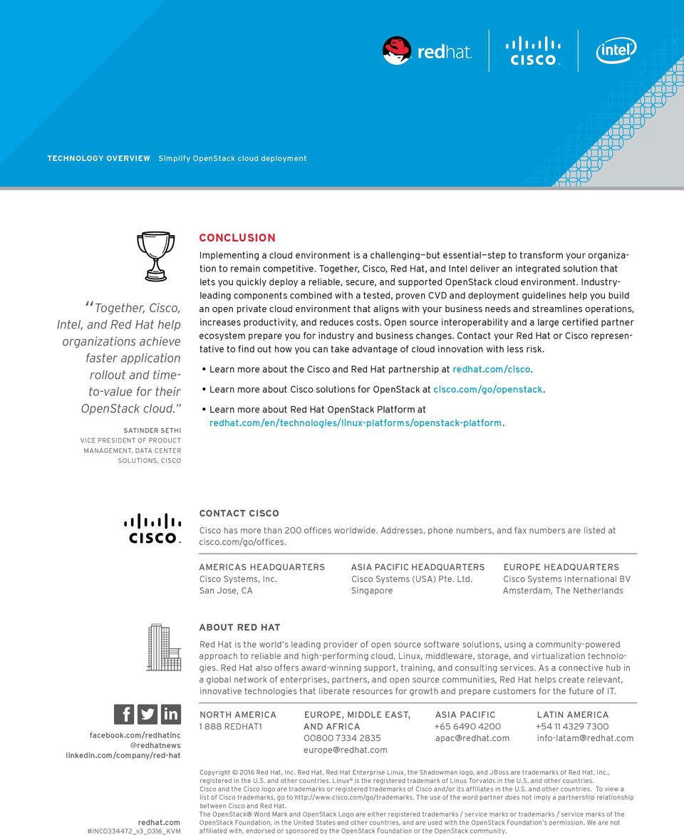 competitive. Together, Cisco, Red Hat, and Intel deliver an integrated solution that lets you quickly deploy a reliable, secure, and supported OpenStack cloud environment.
