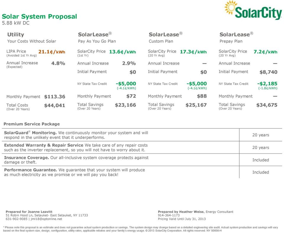 9% Initial Payment $0 Annual Increase Initial Payment $0 Annual Increase Initial Payment $8,740 NY State Tax Credit -$5,000 (-4.1 /kwh) NY State Tax Credit -$5,000 (-4.