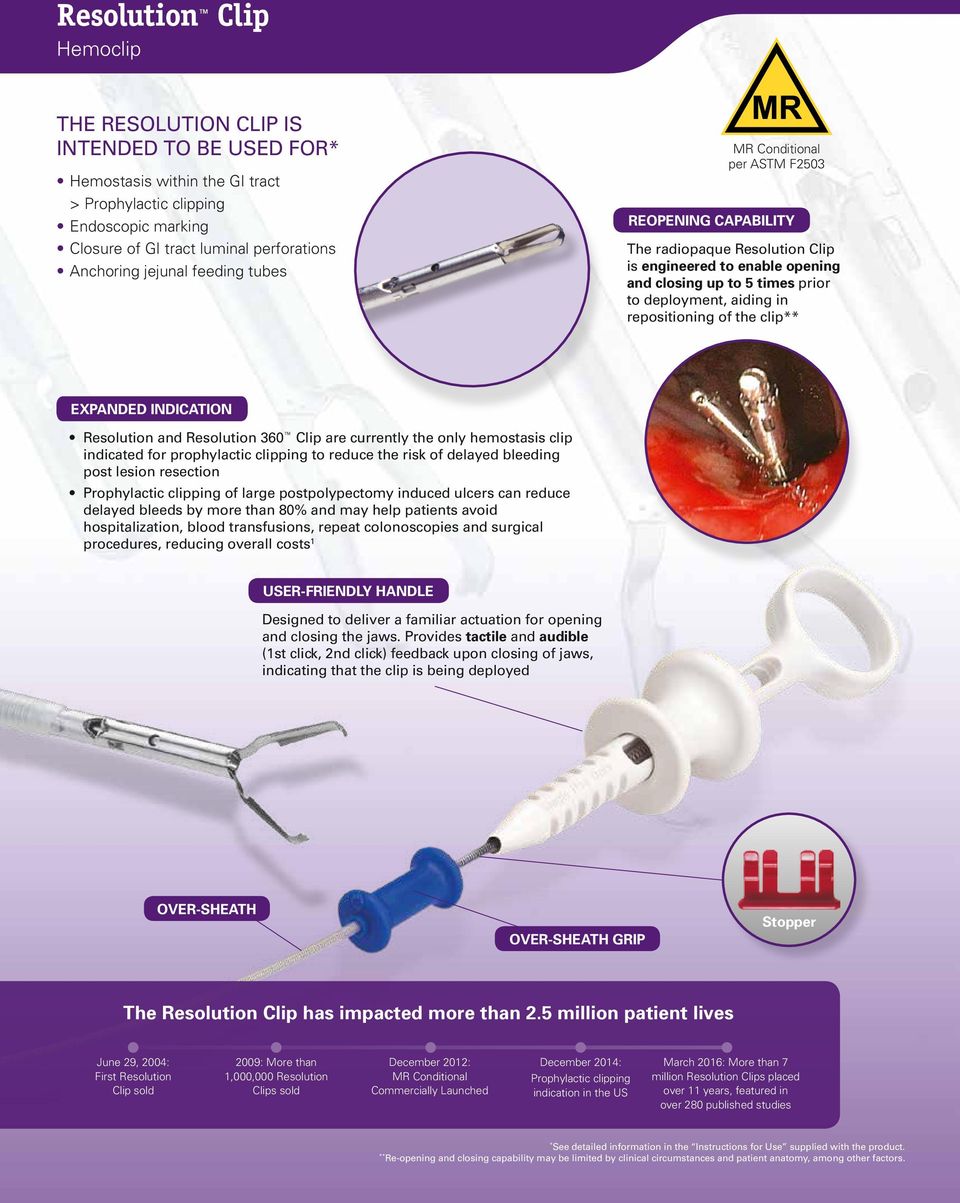 repositioning of the clip** EXPANDED INDICATION Resolution and Resolution 360 Clip are currently the only hemostasis clip indicated for prophylactic clipping to reduce the risk of delayed bleeding