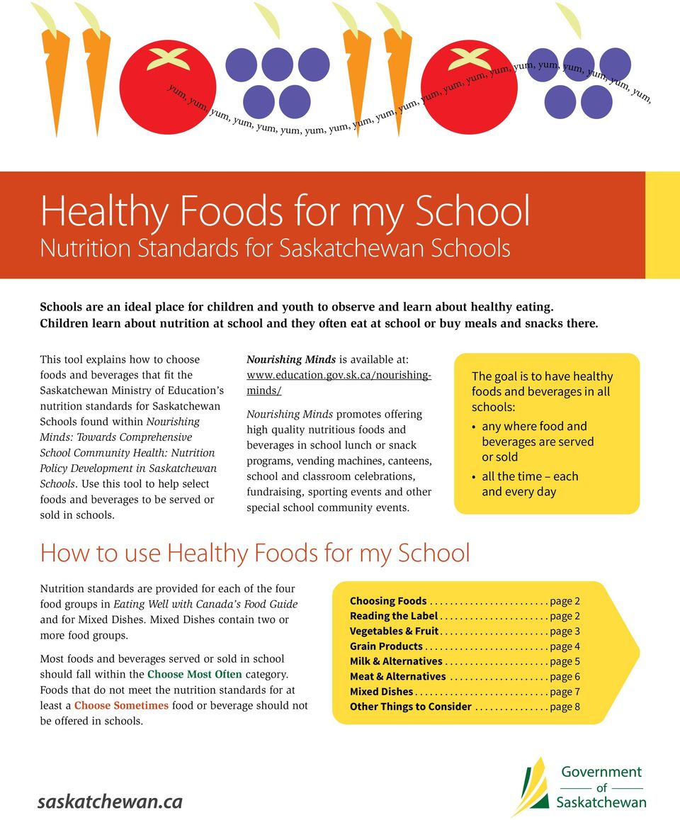 This tool explains how to choose foods and beverages that fit the Saskatchewan Ministry of Education s nutrition standards for Saskatchewan Schools found within Nourishing Minds: Towards