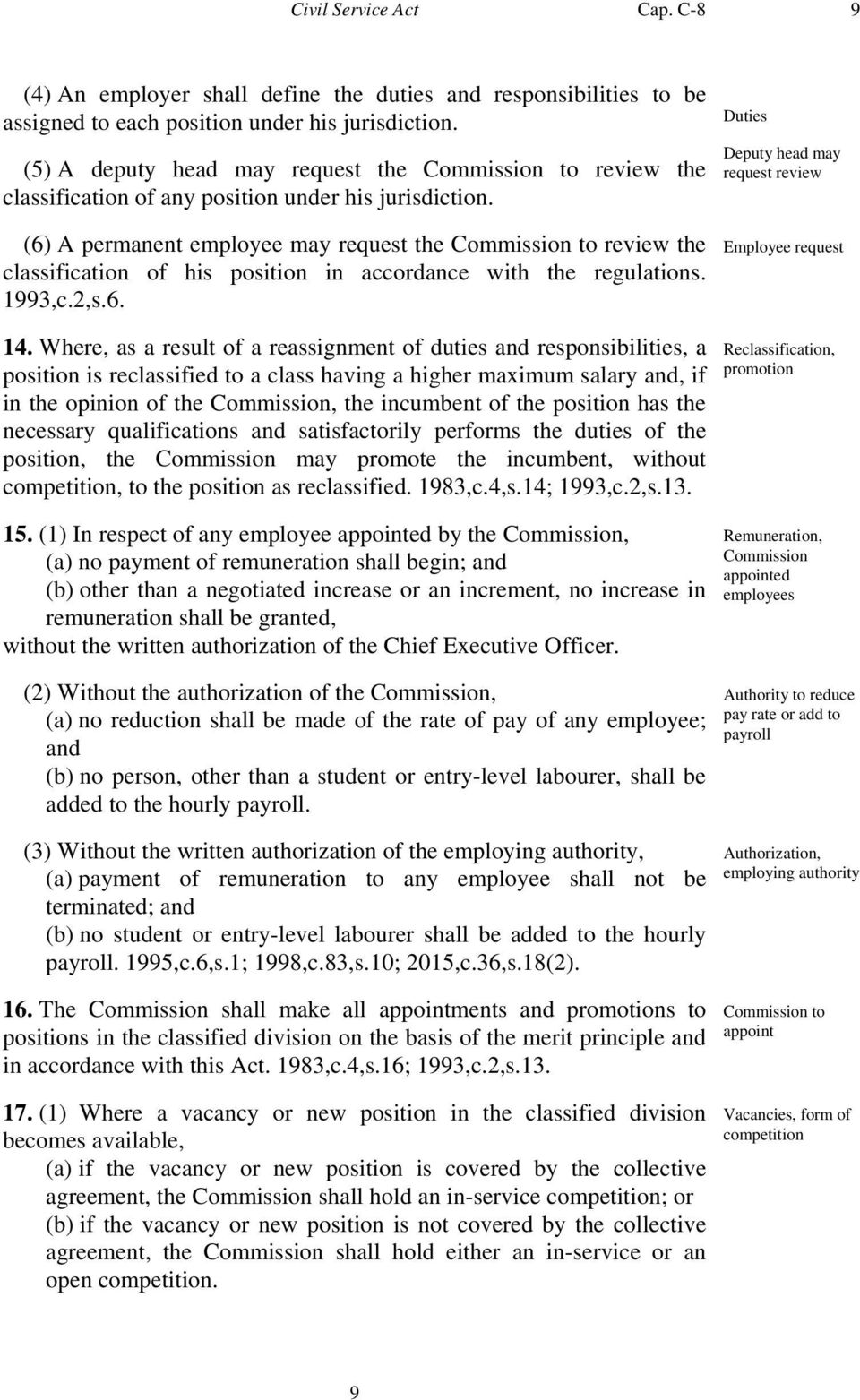 (6) A permanent employee may request the Commission to review the classification of his position in accordance with the regulations. 1993,c.2,s.6. Duties Deputy head may request review Employee request 14.