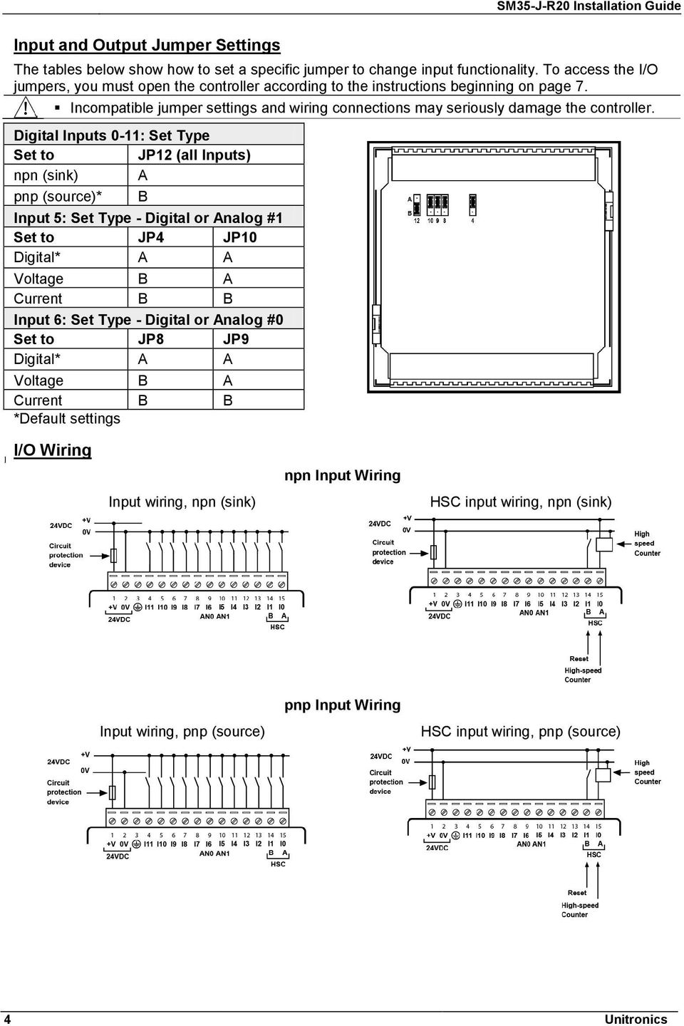 Digital Inputs 0-11: Set Type Set to JP12 (all Inputs) npn (sink) A pnp (source)* B Input 5: Set Type - Digital or Analog #1 Set to JP4 JP10 Digital* A A Voltage B A Current B B Input 6: Set Type -