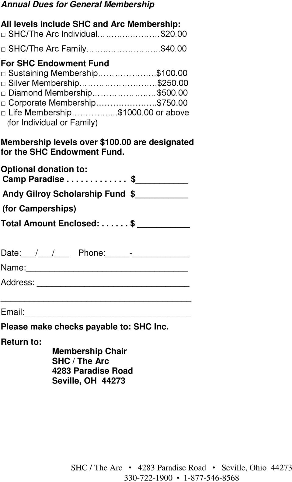 00 or above (for Individual or Family) Membership levels over $100.00 are designated for the SHC Endowment Fund. Optional donation to: Camp Paradise.