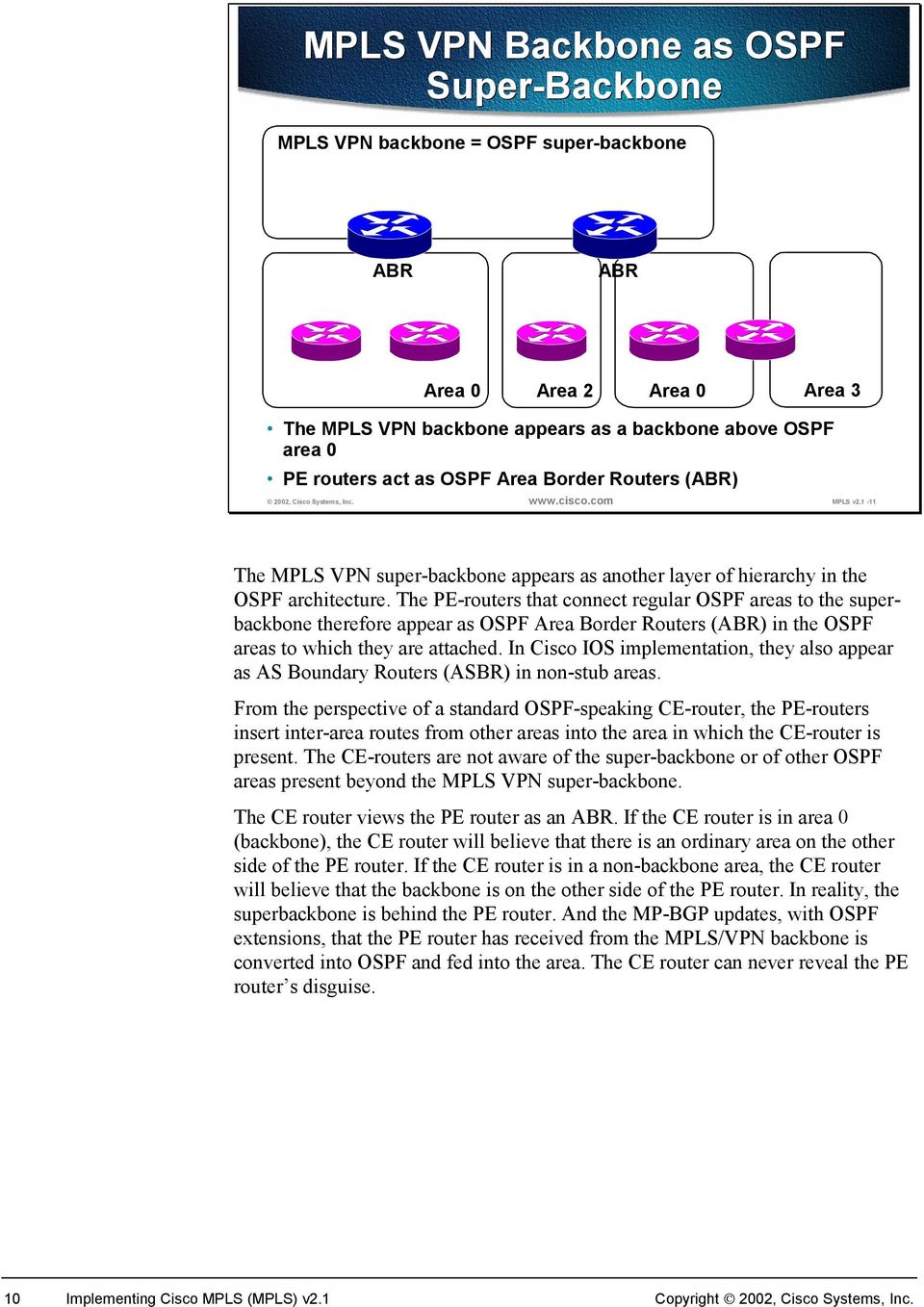 The s that connect regular OSPF areas to the superbackbone therefore appear as OSPF Area Border Routers (ABR) in the OSPF areas to which they are attached.