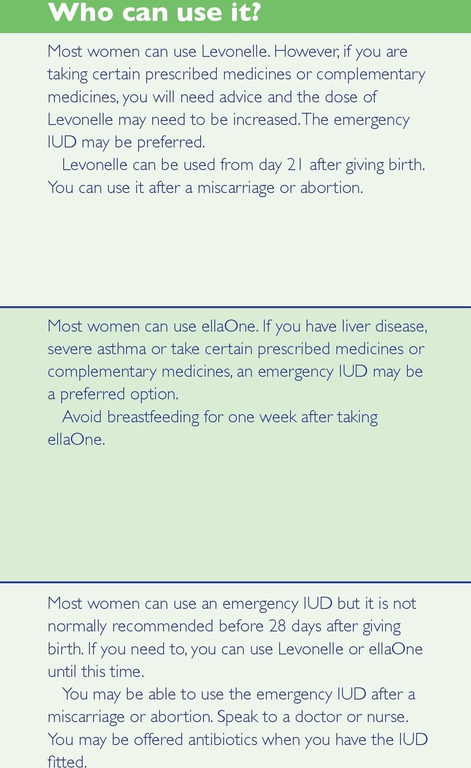 Levonelle can be used from day 21 after giving birth. You can use it after a miscarriage or abortion. Most women can use ellaone.