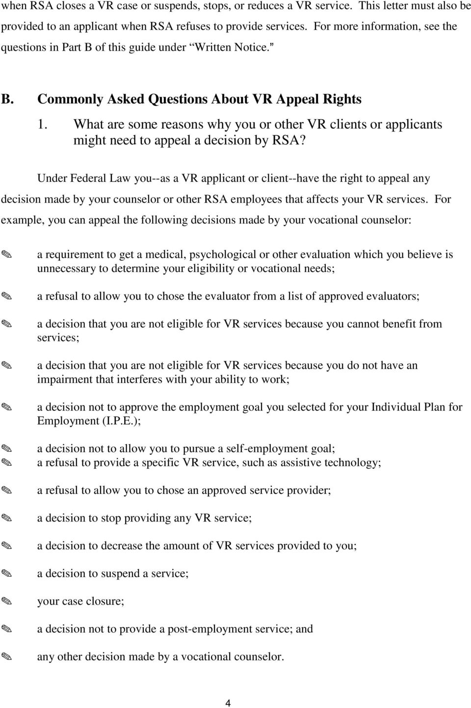 What are some reasons why you or other VR clients or applicants might need to appeal a decision by RSA?