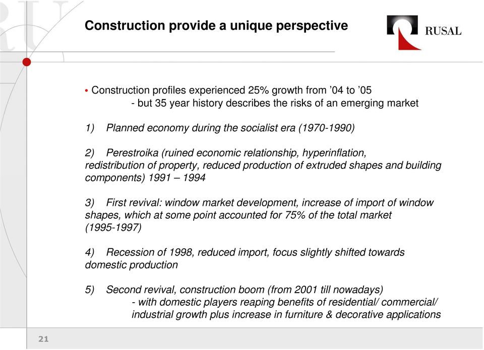revival: window market development, increase of import of window shapes, which at some point accounted for 75% of the total market (1995-1997) 4) Recession of 1998, reduced import, focus slightly