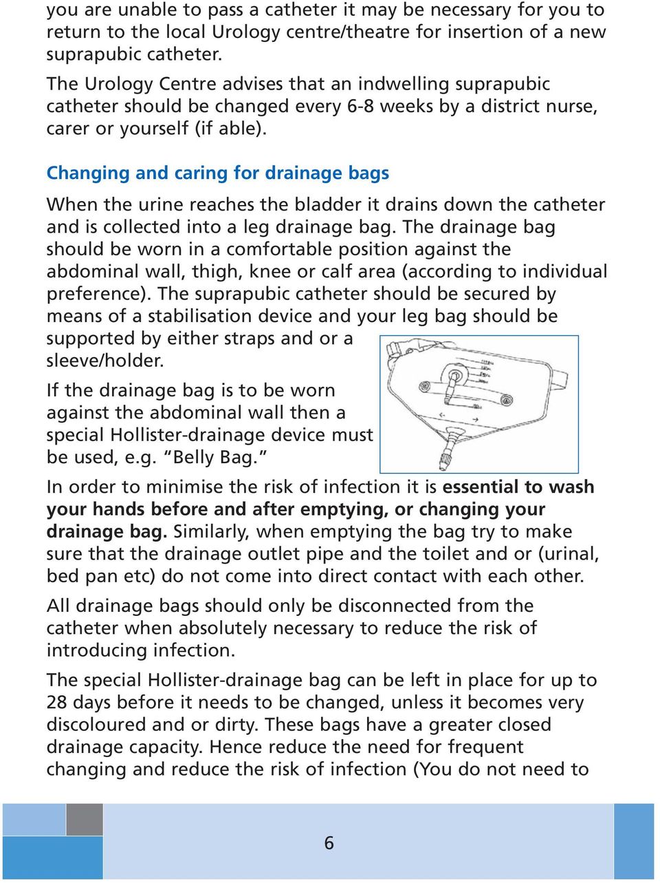 Changing and caring for drainage bags When the urine reaches the bladder it drains down the catheter and is collected into a leg drainage bag.