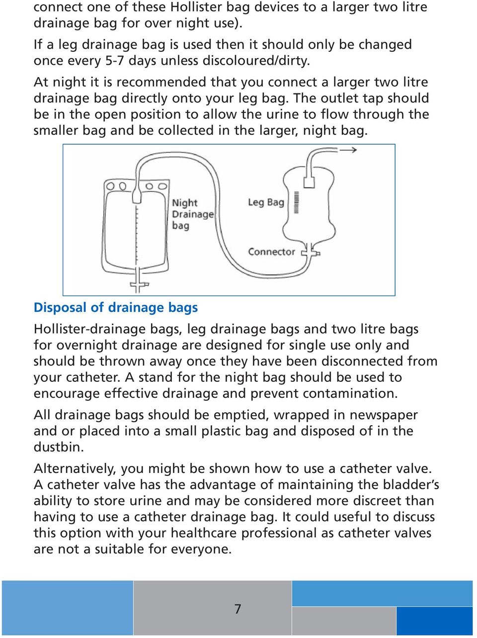 At night it is recommended that you connect a larger two litre drainage bag directly onto your leg bag.
