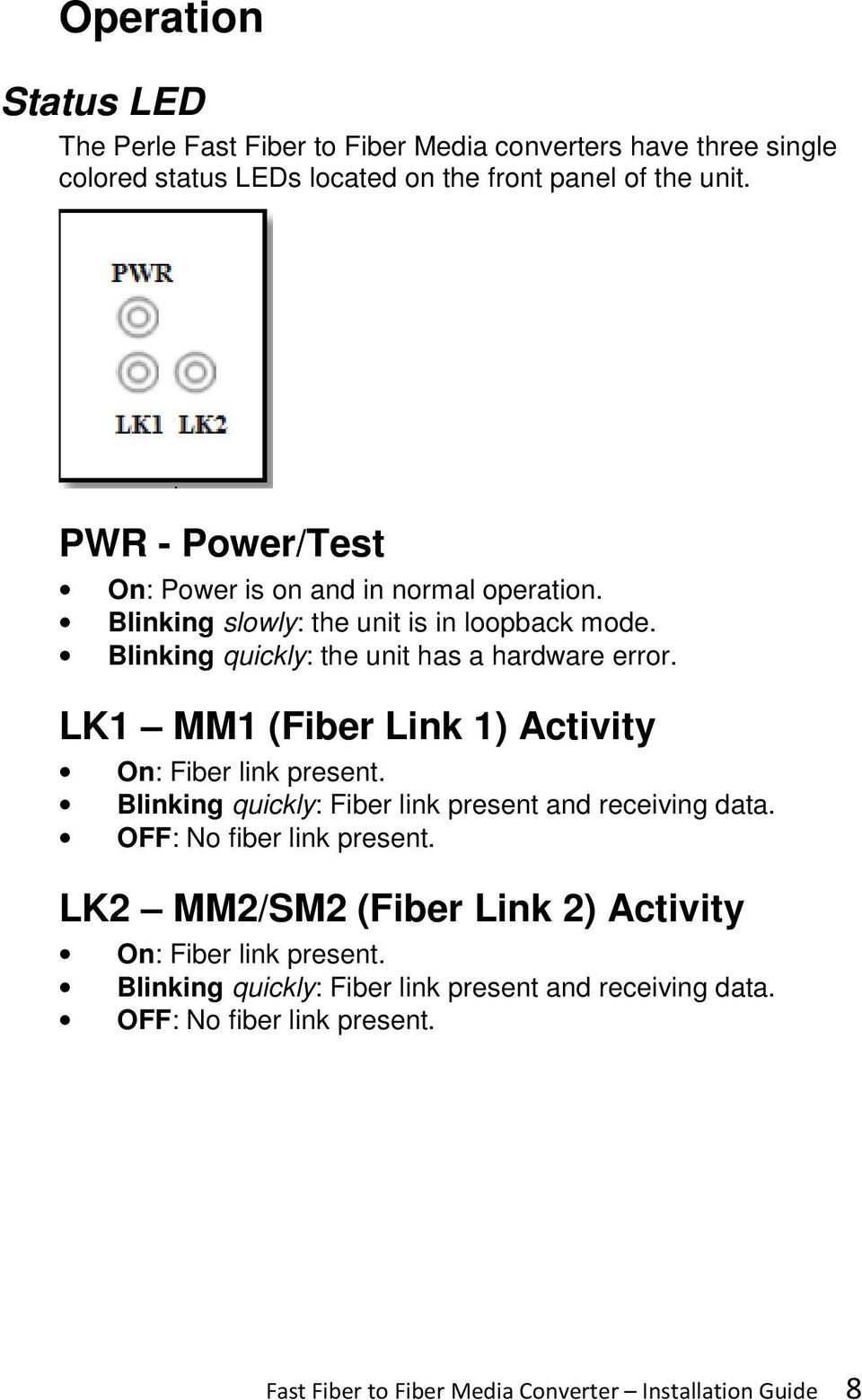 LK1 MM1 (Fiber Link 1) Activity On: Fiber link present. Blinking quickly: Fiber link present and receiving data. OFF: No fiber link present.