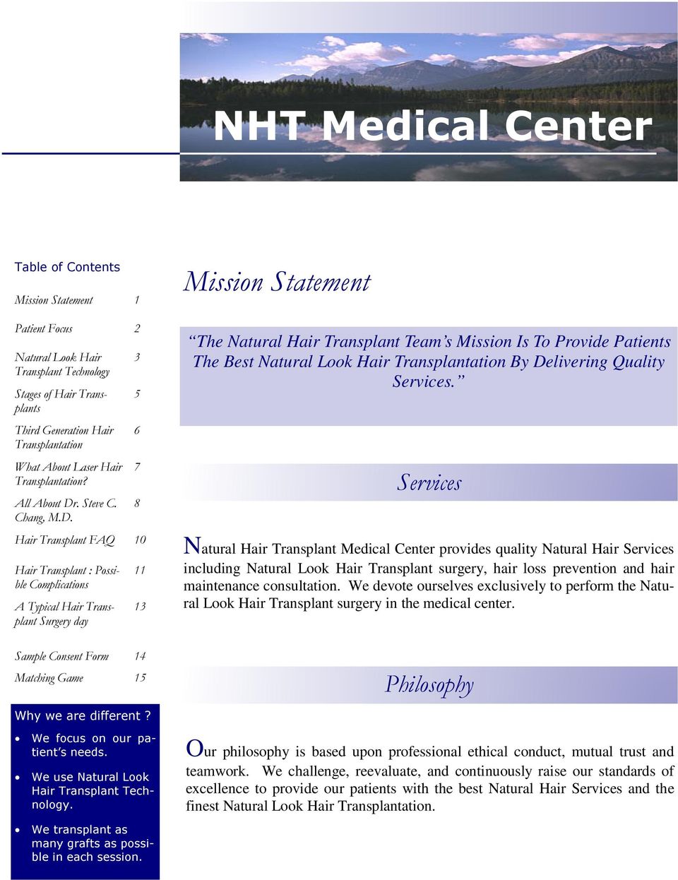 NHT Medical Center. Mission Statement. Services. Natural Hair Transplant  Medical Center provides quality Natural Hair Services. - PDF Free Download