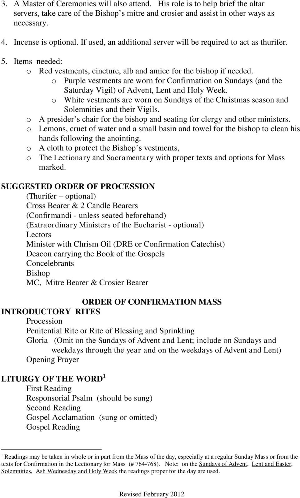 THE CONFIRMATION LITURGY 11. Overview 11. Practical Matters 11. Order In Order Of The Mass Worksheet