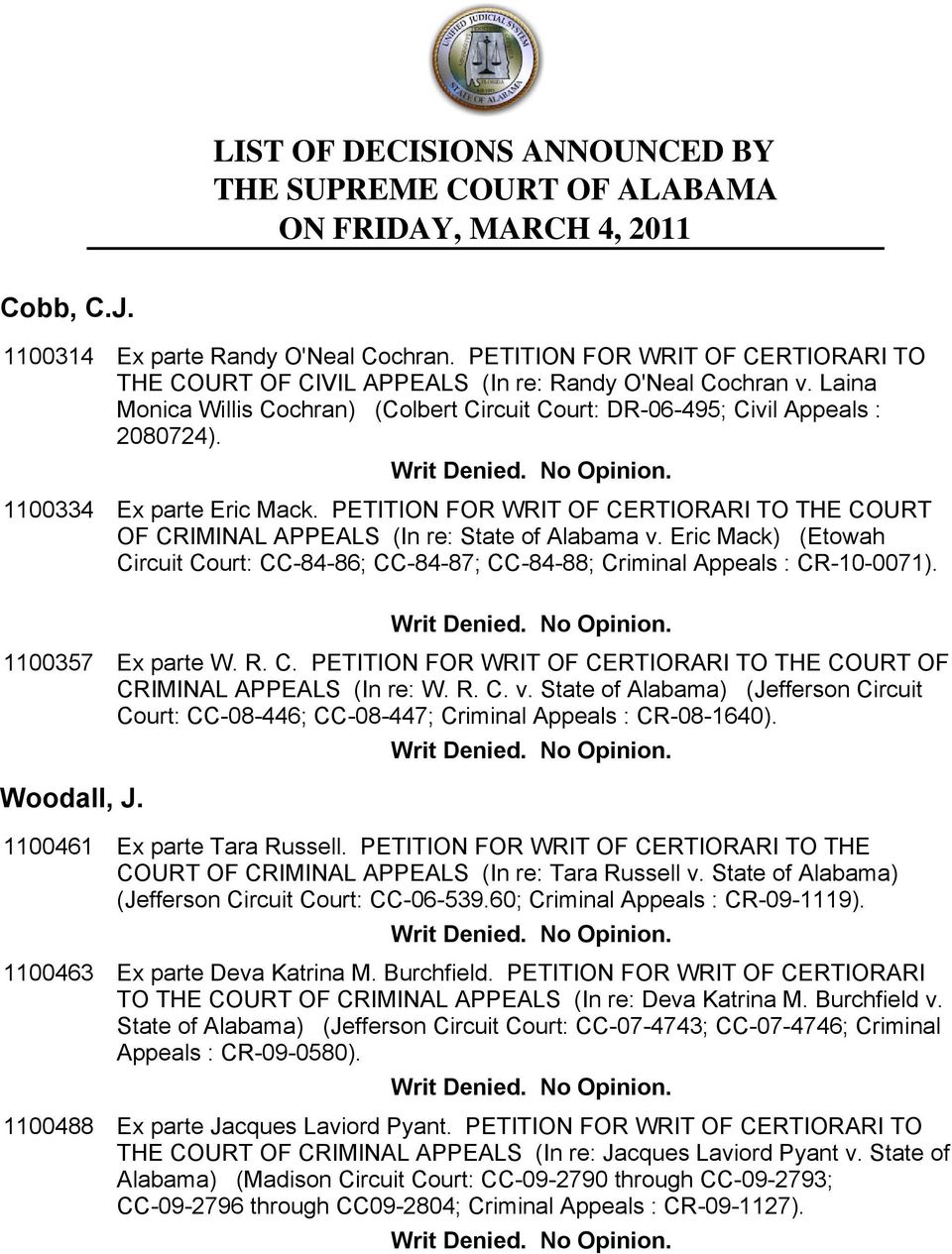 Ex parte Eric Mack. PETITION FOR WRIT OF CERTIORARI TO THE COURT OF CRIMINAL APPEALS (In re: State of Alabama v.